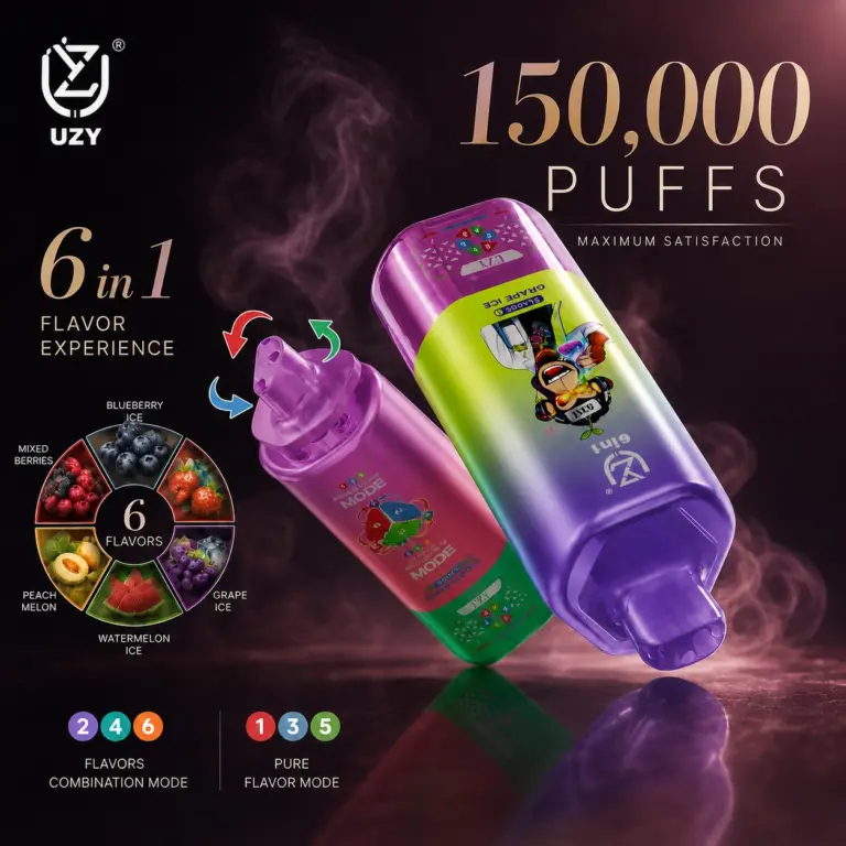 UZY 6-in-1 Flavor 150K Puffs Disposable Vape hero presentation showing the featured device design and display in the official product artwork.