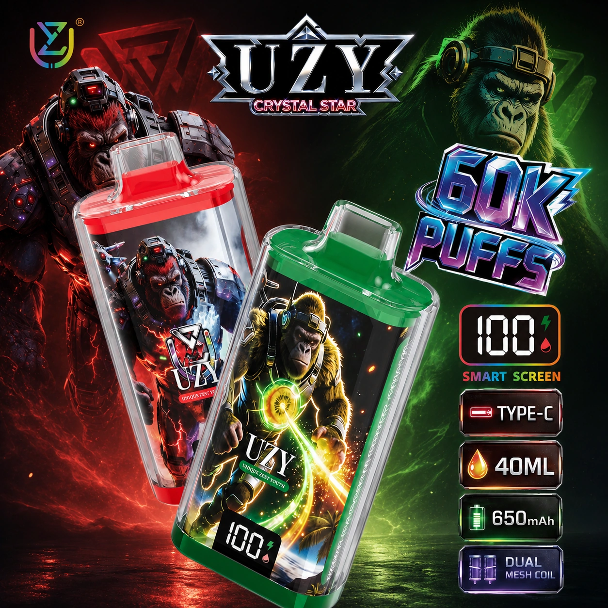 UZY Crystal Star 60K Puffs Disposable Vape hero presentation showing the featured device design and display in the official product artwork.