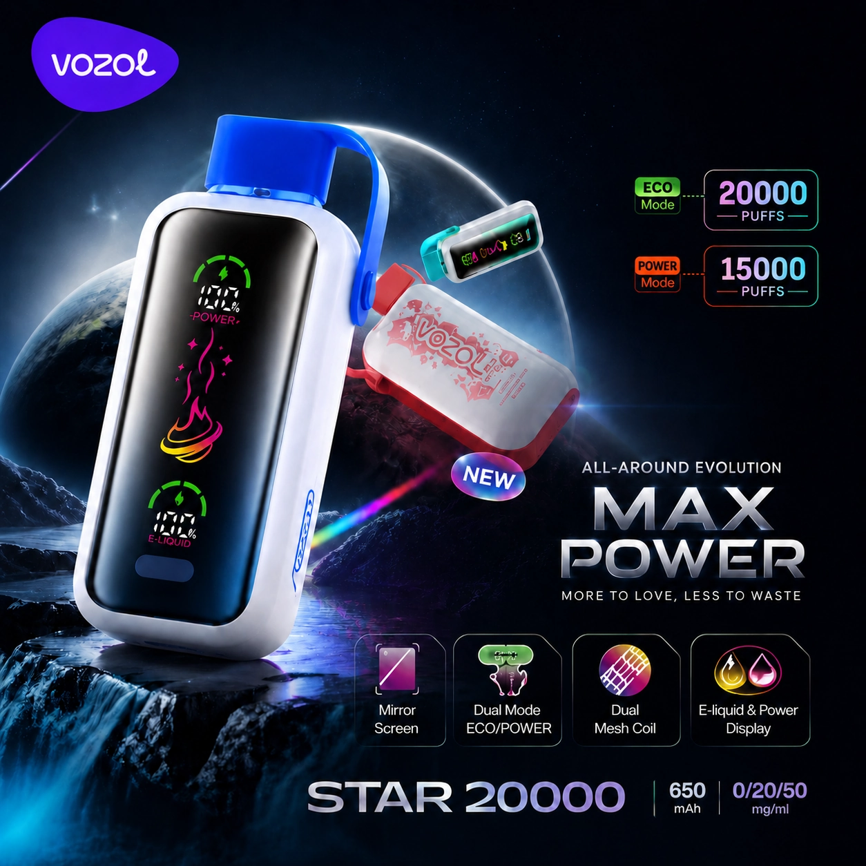 Vozol Star 20K disposable vape main product image showing the smart dual mode device and retail package