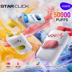 Hoofdafbeelding van de Vozol Star Click 50K wegwerpvape, waarop het ontwerp van het apparaat en de presentatie in de winkel te zien zijn
