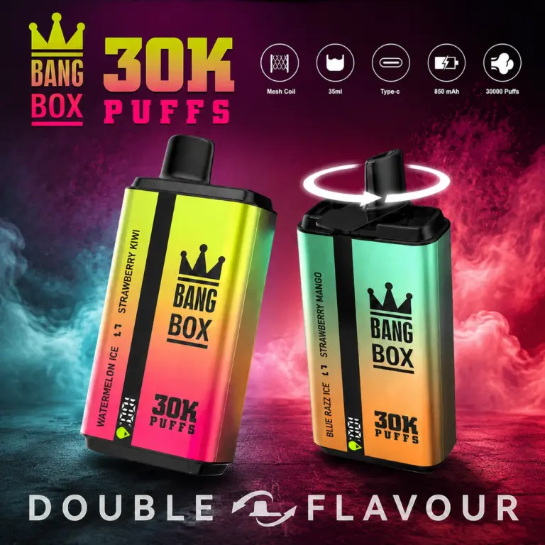 Bang Box 30K 2-in-1 dual flavor disposable vape with smart display, dual mesh coil and retail packaging