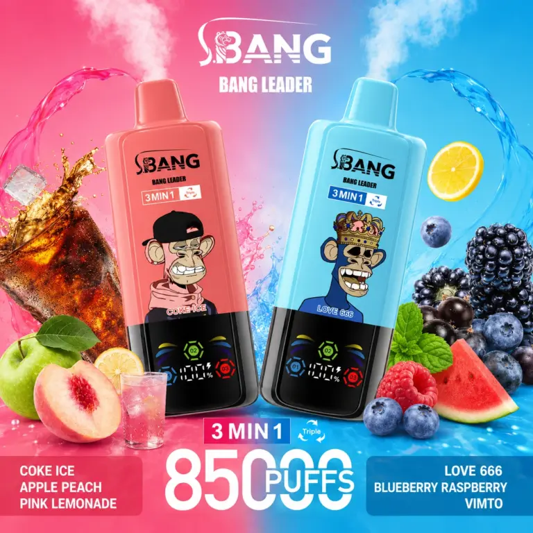 Bang Leader 85K disposable vape hero image showing the 3-in-1 triple flavor device lineup with bright packaging artwork.