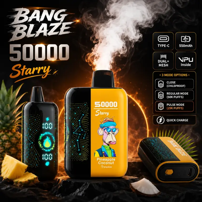 Bang Blaze 50K disposable vape in Starry V2 Hd flavor design with matching product artwork for the vape device.