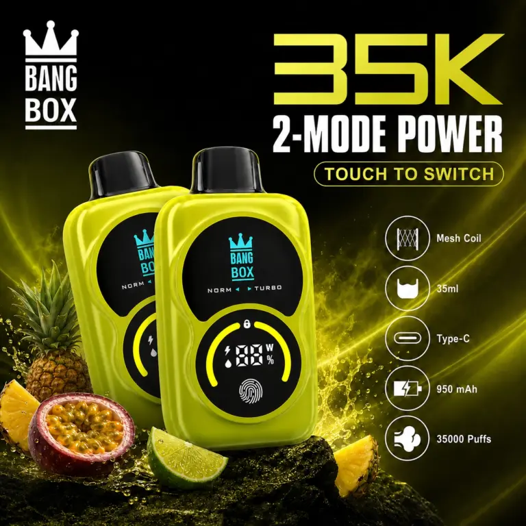Bang Box 35K 35000-puff disposable vape with double screen display, branded device and retail packaging
