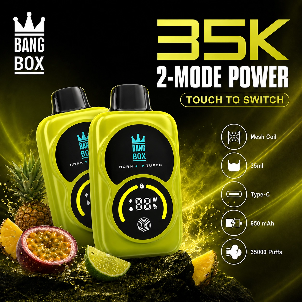 Bang Box 35K 35000-puff disposable vape with double screen display, branded device and retail packaging