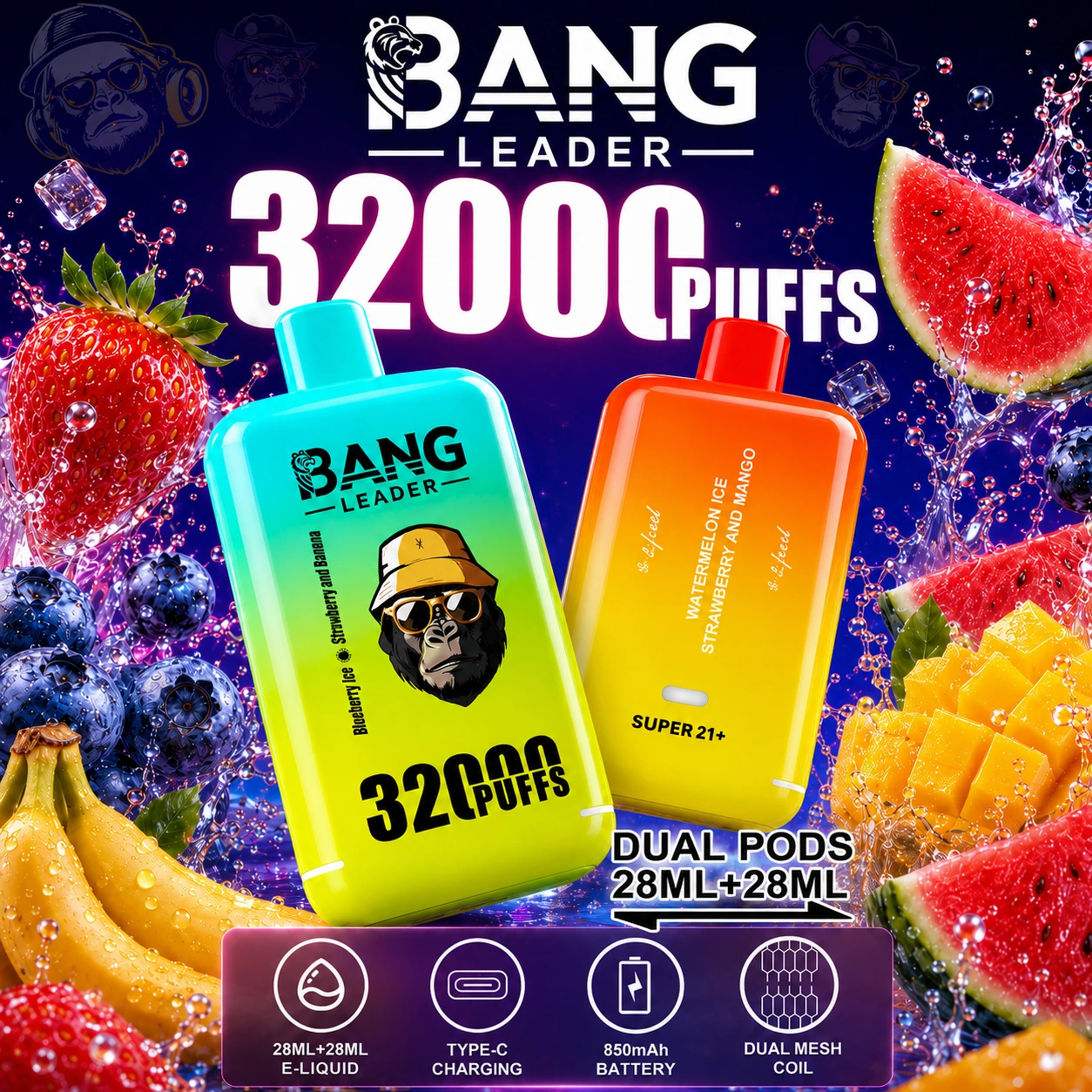 Bang Leader 32K Disposable Vape fruit poster showing 32000 puffs and Watermelon Ice with Strawberry Mango flavor pairing.