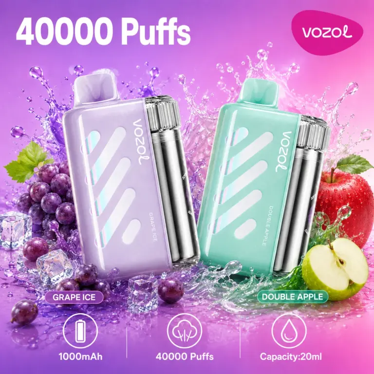 Vozol Vista 40K disposable vape main product image showing the device and box for the wattage control airflow model