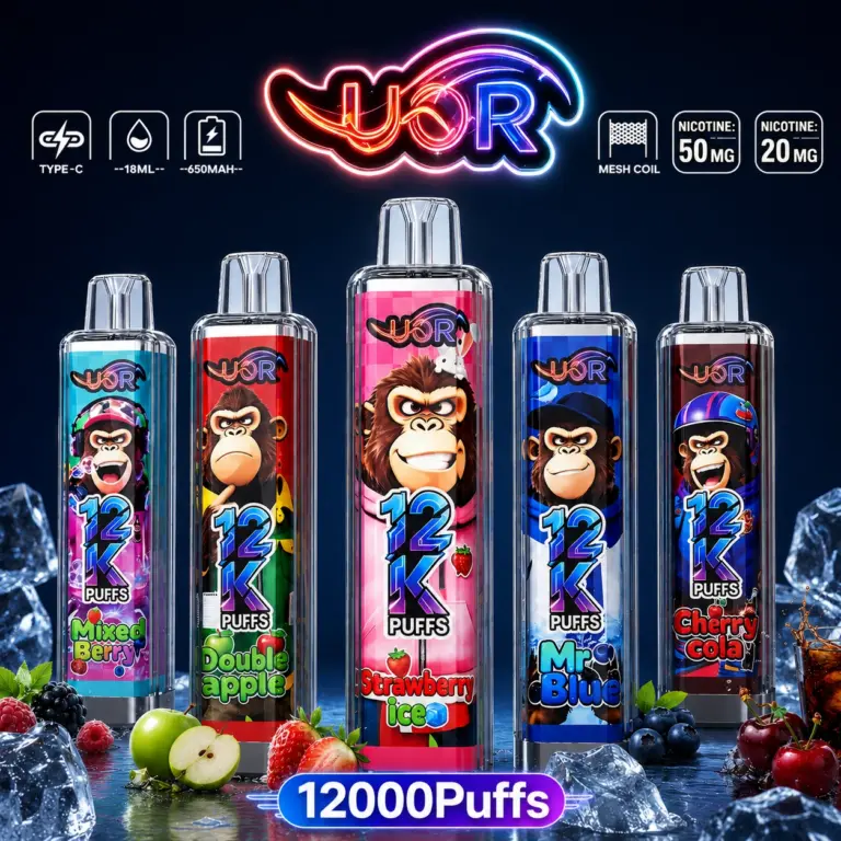 UOR Crystal 12K disposable vape in 12000puffs Dark Bg Hd flavor design with matching product artwork for the vape device.