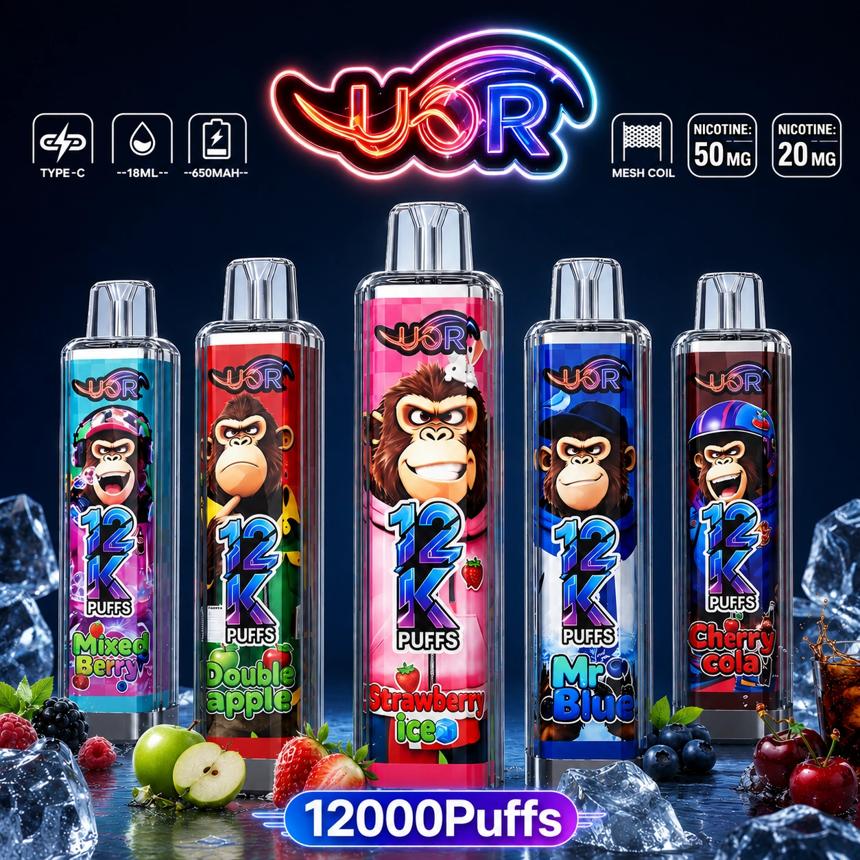 UOR Crystal 12K Disposable Vape – 12000 Puffs Rechargeable LED Light Vape Pen