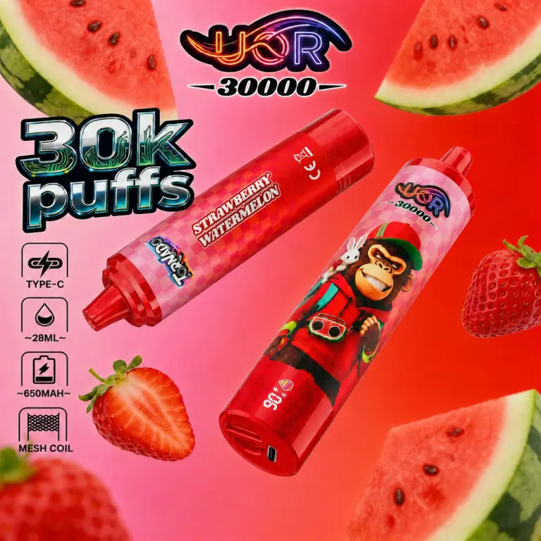 UOR Tornado 30K disposable vape in Strawberry Watermelon Hd flavor design with matching product artwork for the vape device.