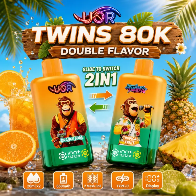 UOR Twins 80K disposable vape in Tropical Hd flavor design with matching product artwork for the vape device.