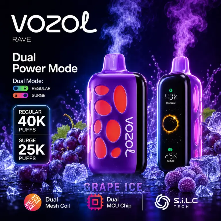 Vozol Rave 40K disposable vape main product image in Grape Ice flavor with smart display device design