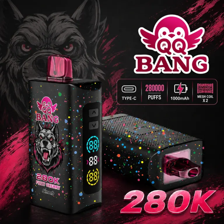 QQ Bang 280K Puffs Disposable Vape product display highlighting the 280000-puff model for adult vape retail and wholesale catalogs.