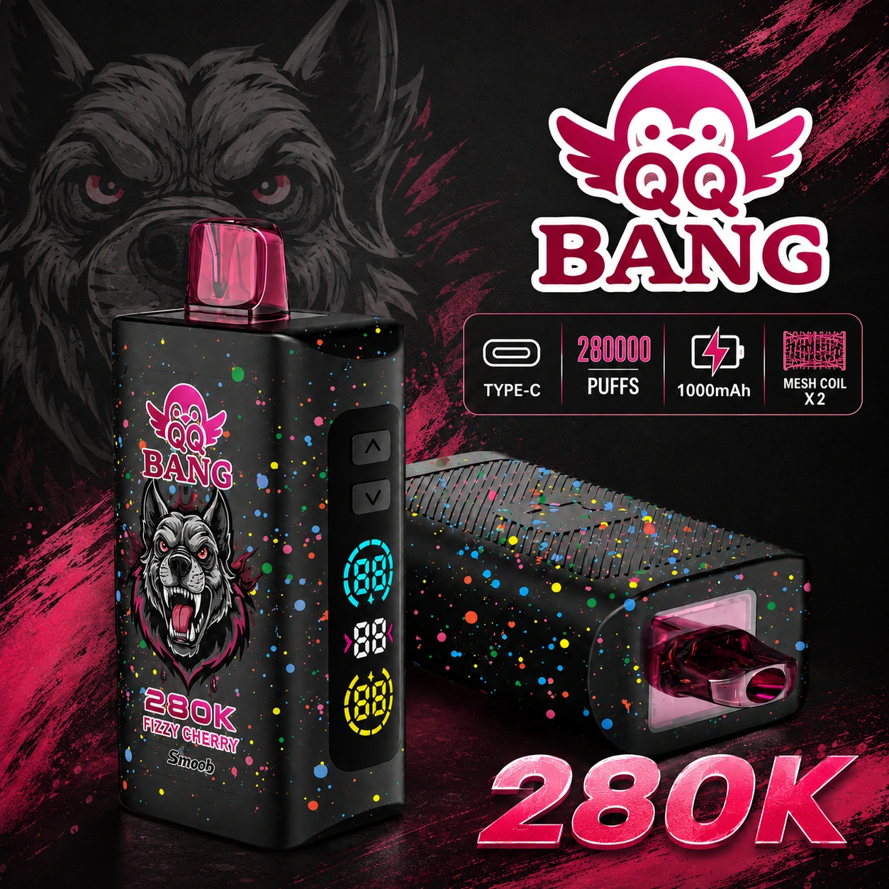 QQ Bang 280K Puffs Disposable Vape product display highlighting the 280000-puff model for adult vape retail and wholesale catalogs.