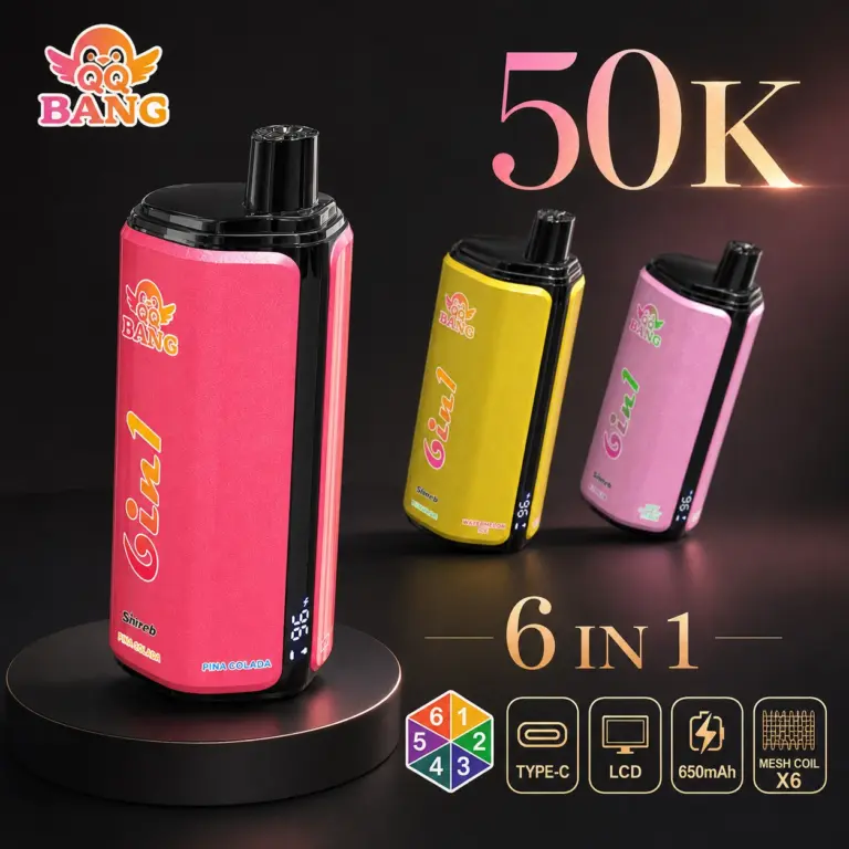 QQ Bang 500K Puffs Disposable Vape featured in a branded product display prepared for adult vape retail and wholesale catalog listings.
