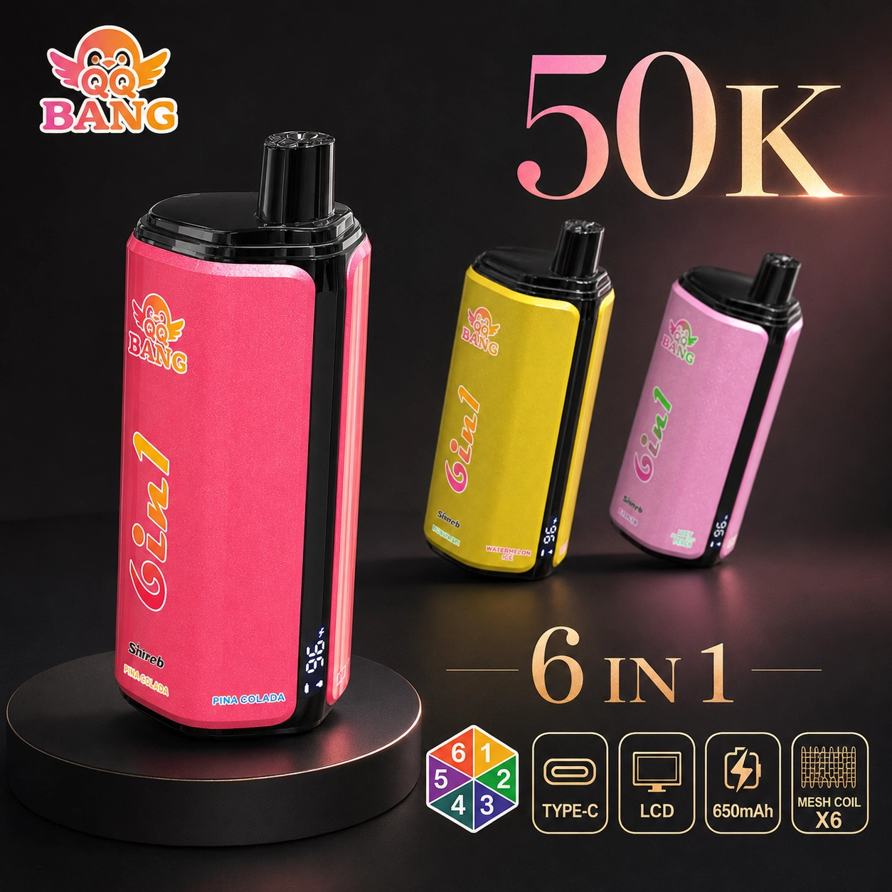QQ Bang 500K Puffs Disposable Vape featured in a branded product display prepared for adult vape retail and wholesale catalog listings.