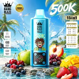 Bang Blaze 15-in-1 Flavors 500K featured in a branded product display prepared for adult vape retail and wholesale catalog listings.