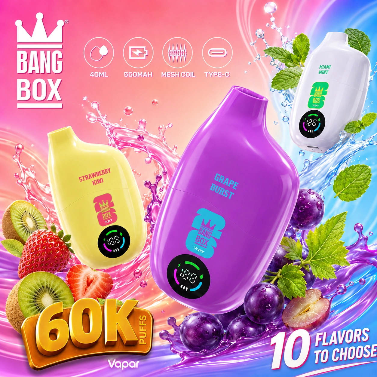 Bang Box 60K Puffs Disposable Vape featured in a branded product display prepared for adult vape retail and wholesale catalog listings.