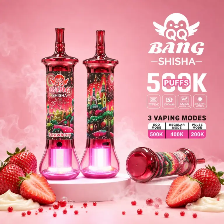 QQ Bang Shisha 500K Puffs Vape featured in a branded product display prepared for adult vape retail and wholesale catalog listings.