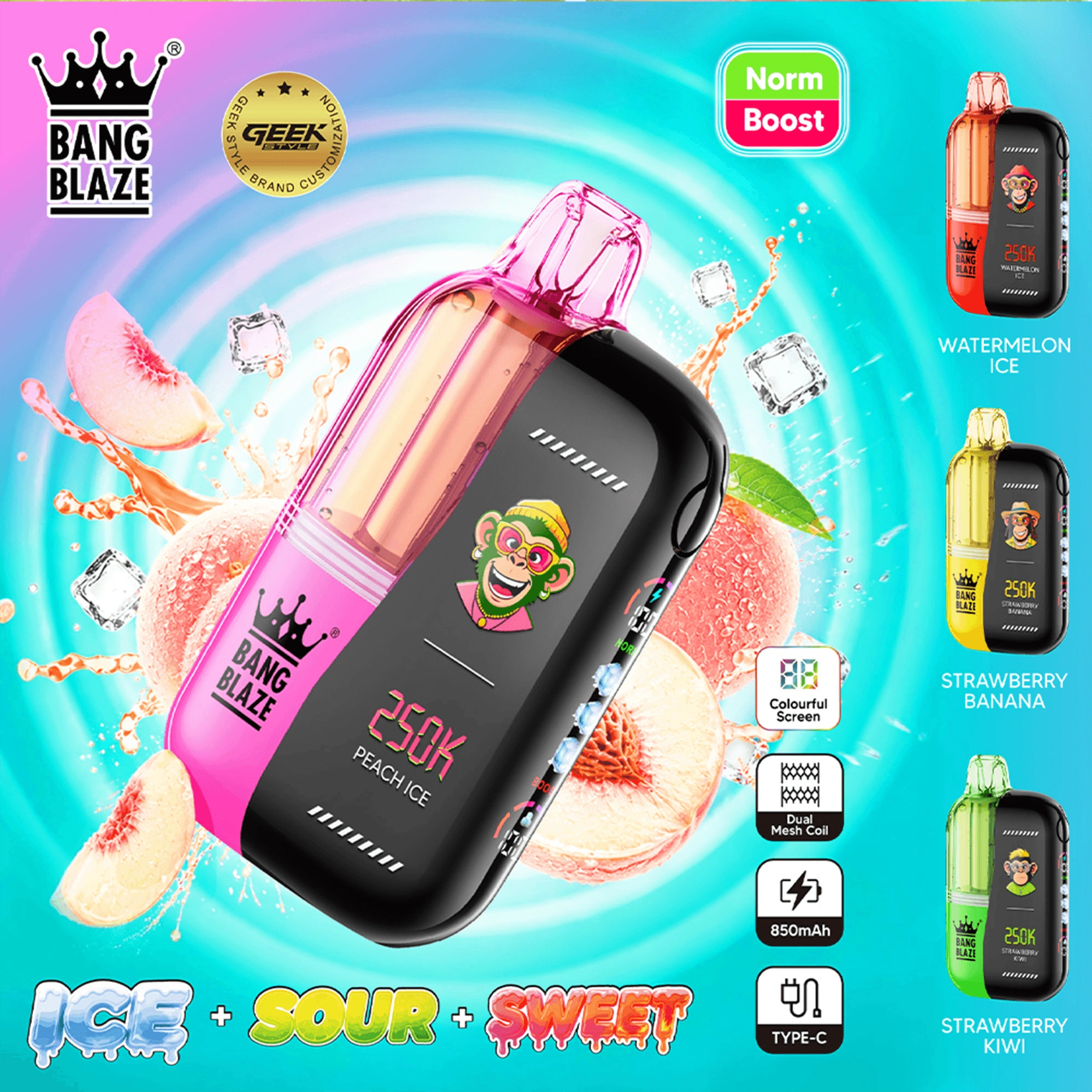 Bang Blaze 250K Puffs Blueberry Ice flavor disposable vape device with blueberry graphics and cool blue artwork