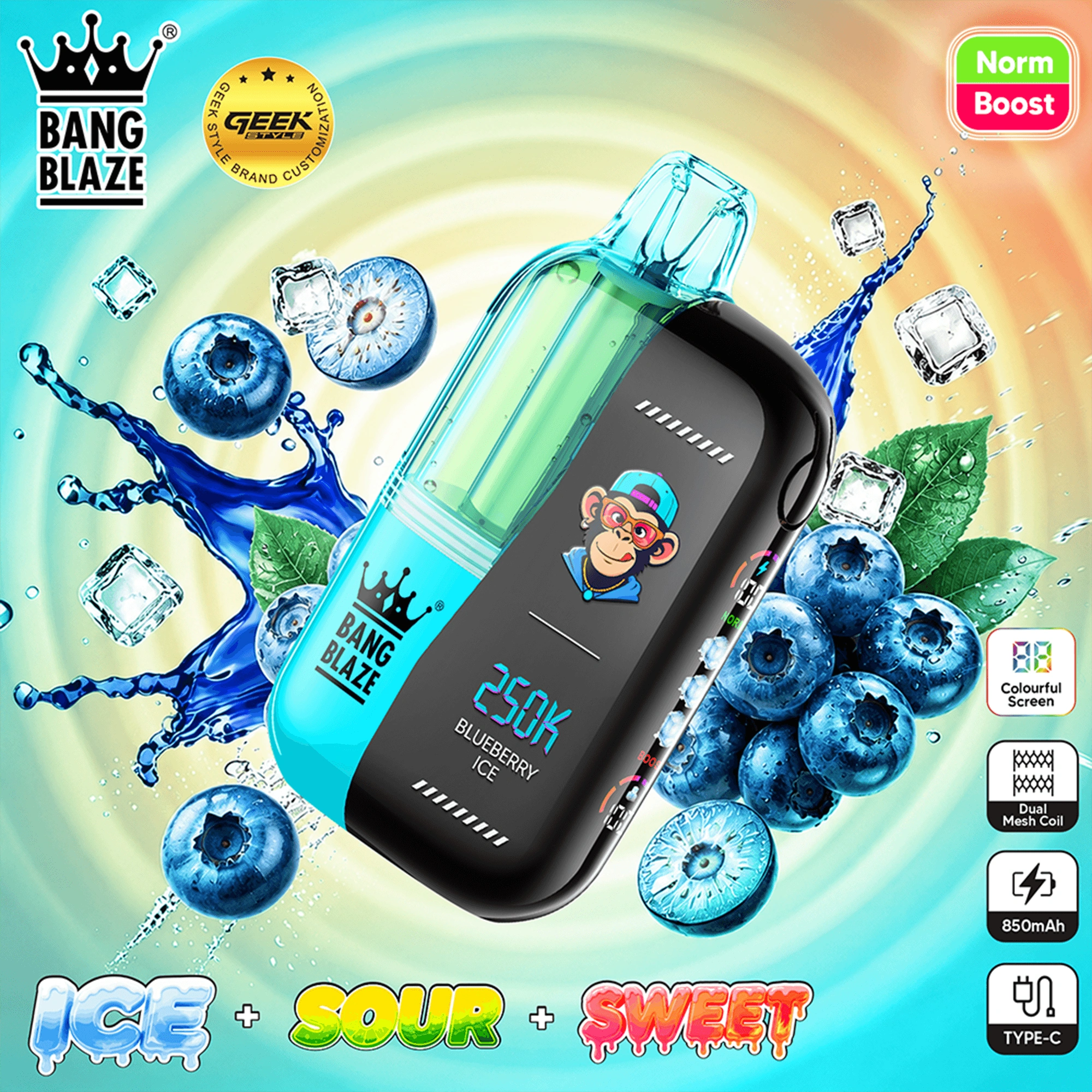 Bang Blaze 250K Puffs Blueberry Raspberry flavor disposable vape device with blueberry and raspberry graphics
