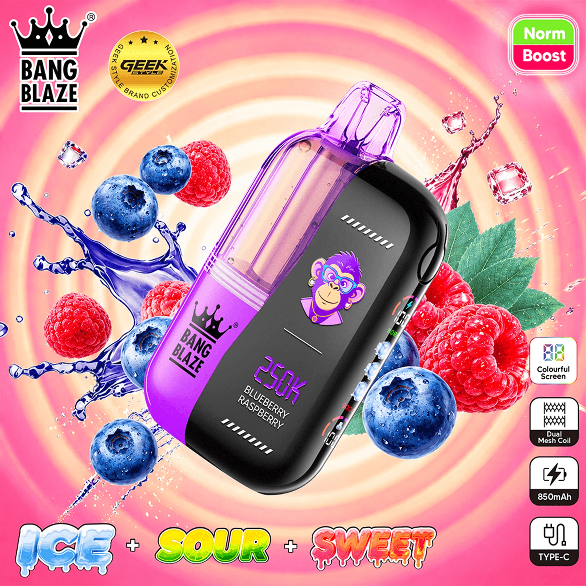 Bang Blaze 250K Puffs Blueberry Red Bull flavor disposable vape device with blueberry and beverage-inspired graphics