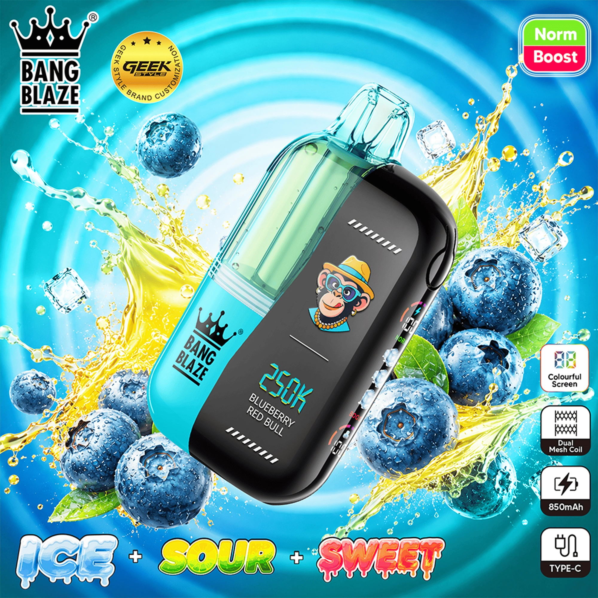 Bang Blaze 250K Puffs Grape Ice flavor disposable vape device with grape graphics and cool purple artwork