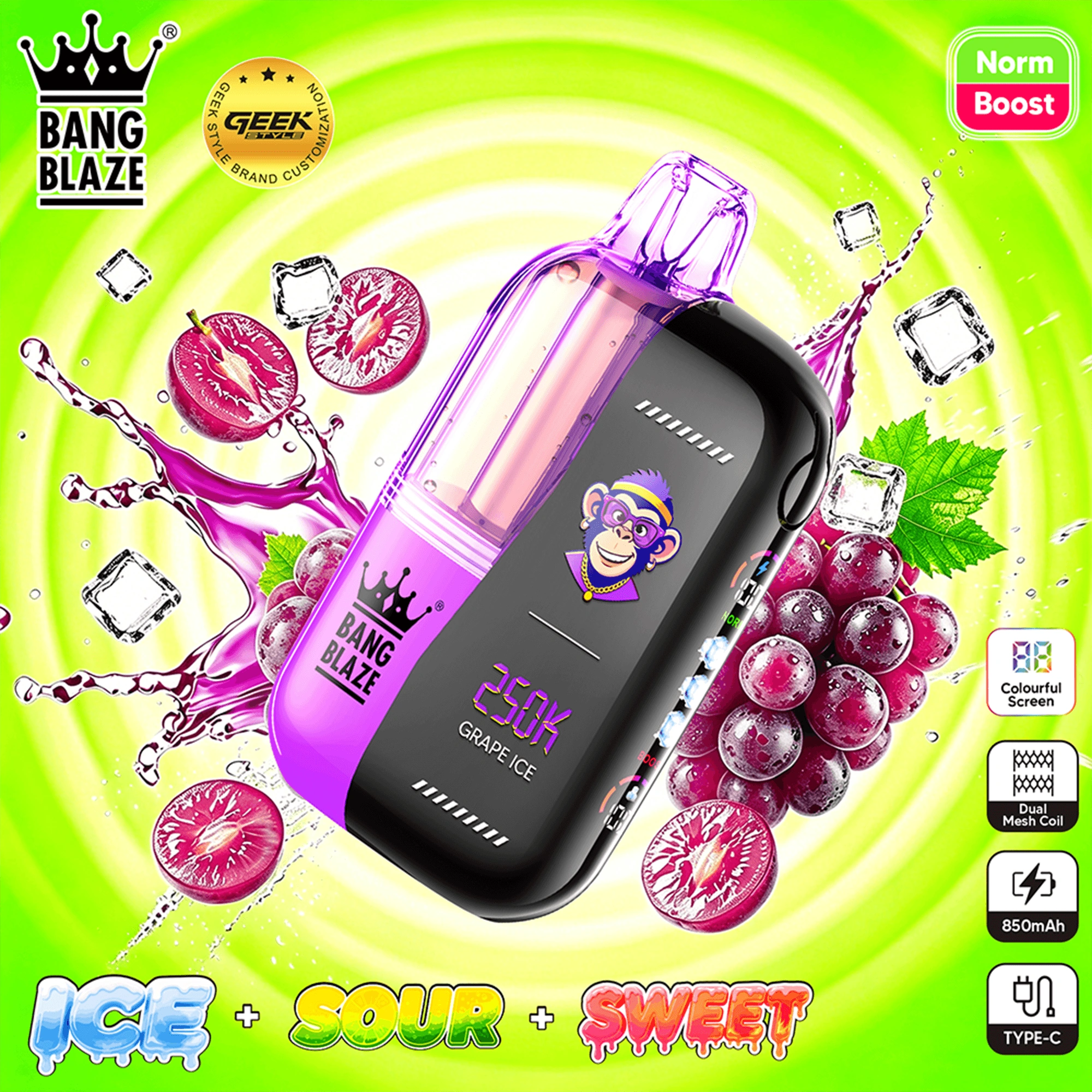Bang Blaze 250K Puffs disposable vape flavor chart showing the available flavor choices and product branding
