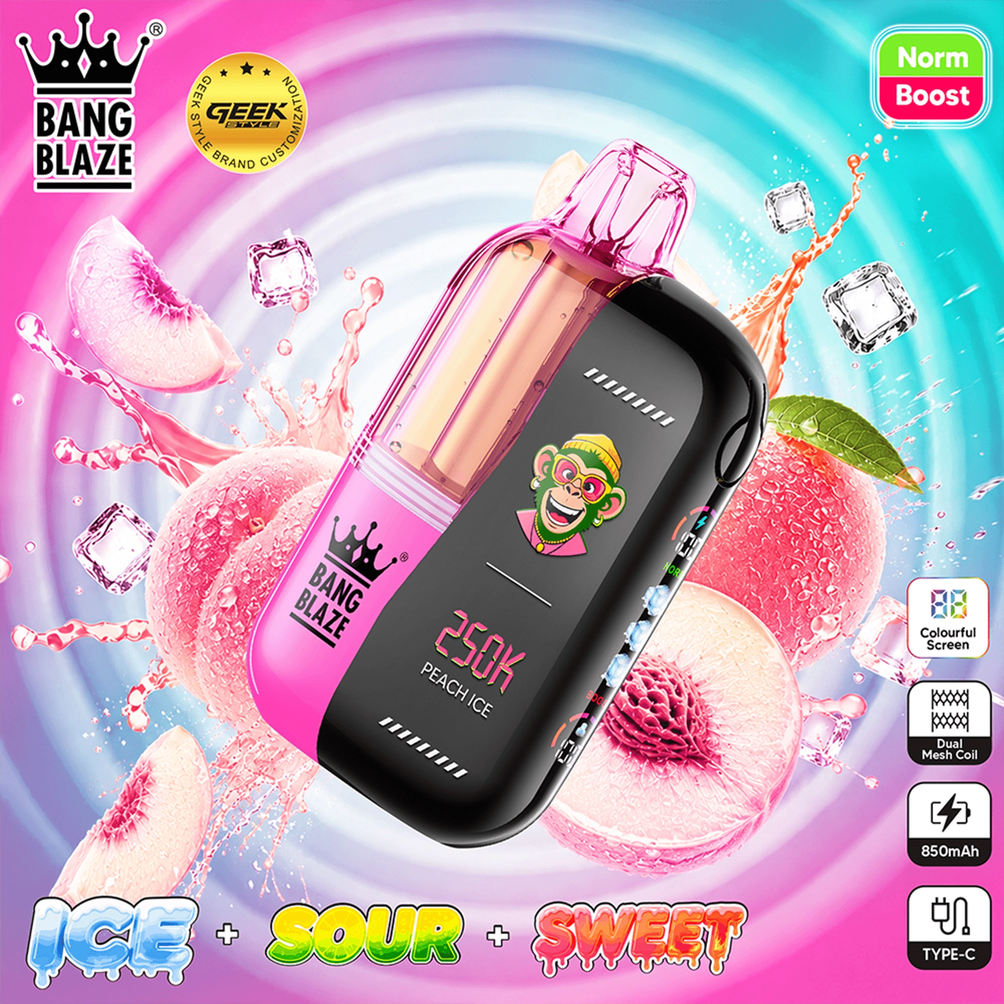 Bang Blaze 250K Puffs Mixed Berries flavor disposable vape device with colorful berry graphics and branding