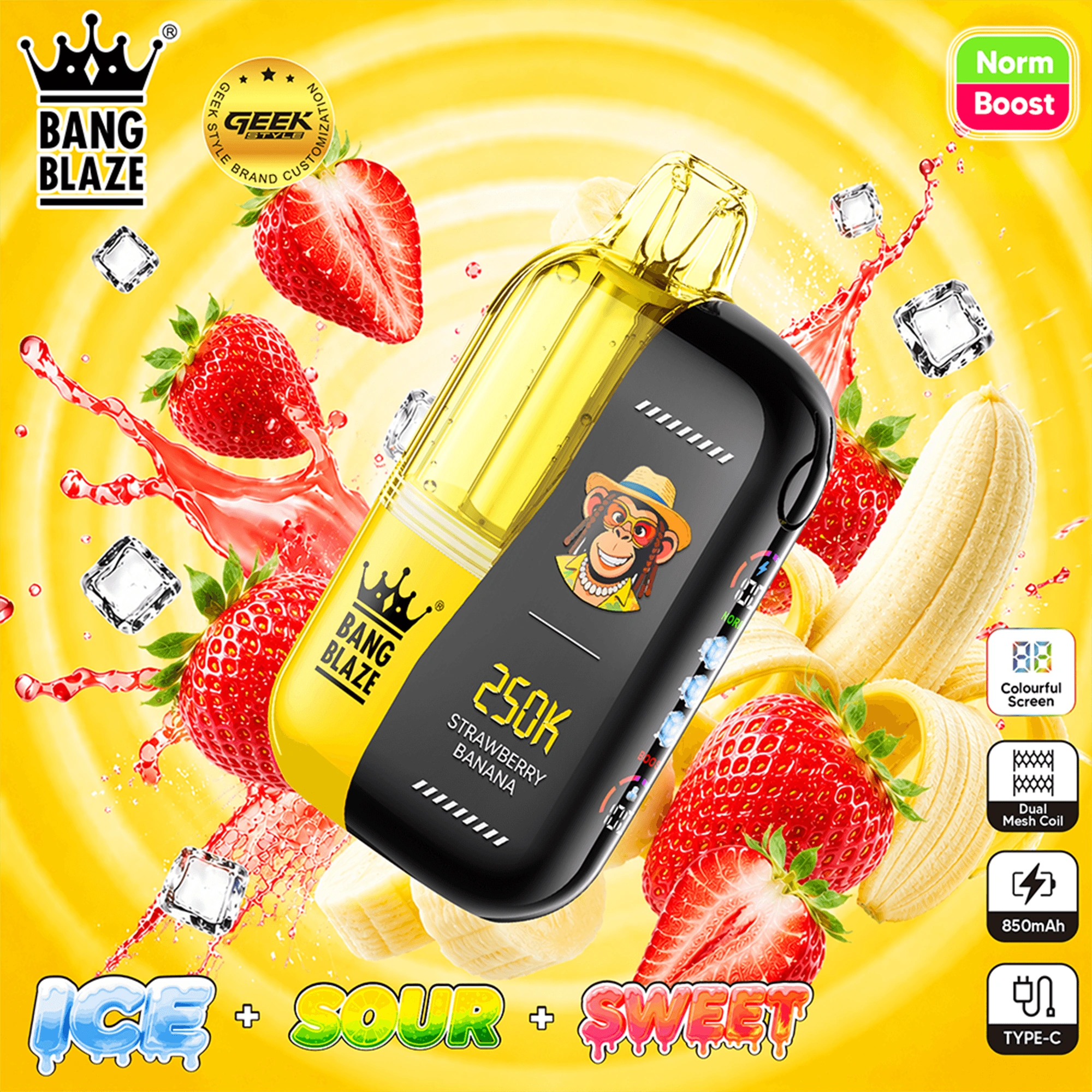 Bang Blaze 250K Puffs Peach Ice flavor disposable vape device with peach graphics and cool fruit artwork