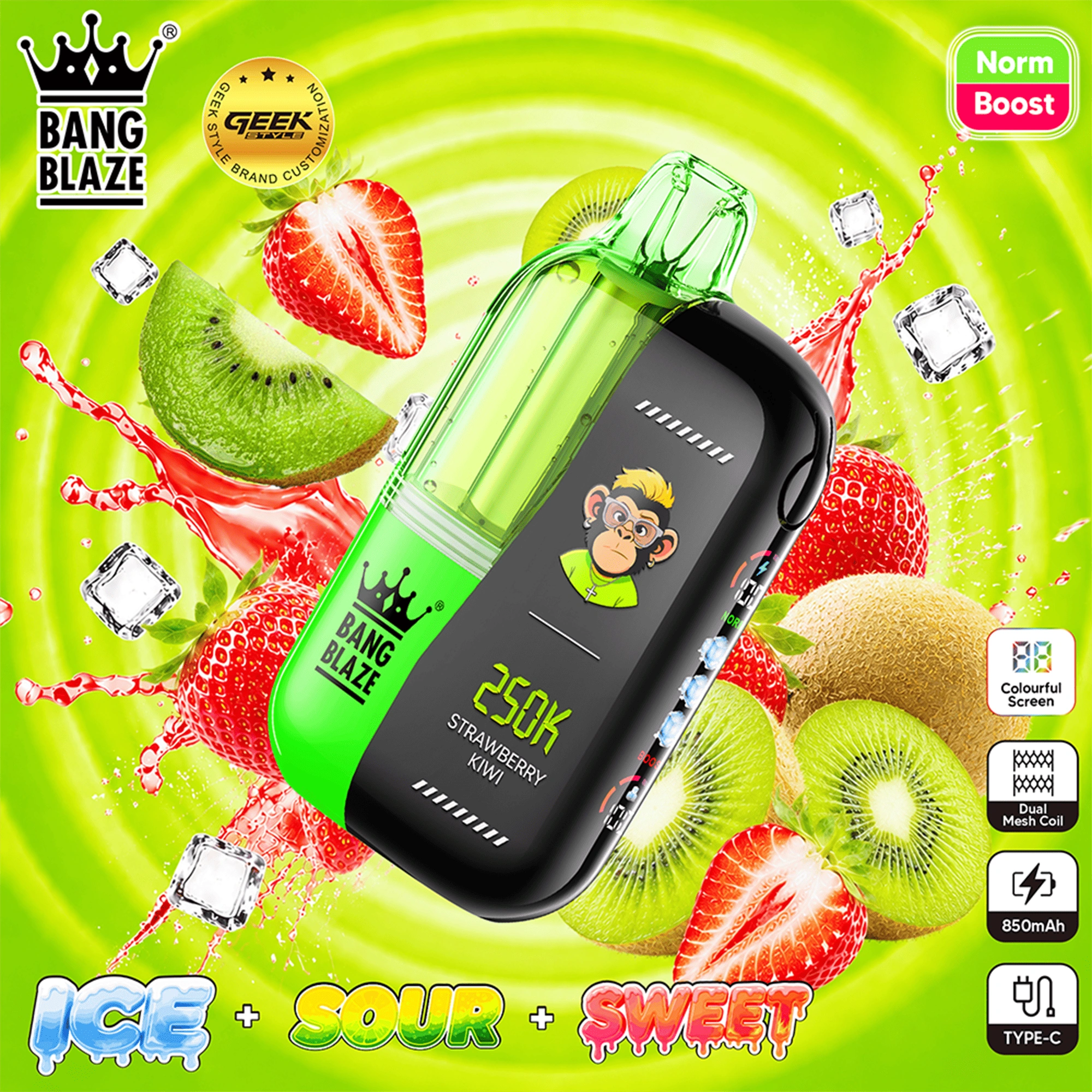 Bang Blaze 250K Puffs Strawberry Banana flavor disposable vape device with strawberry and banana graphics