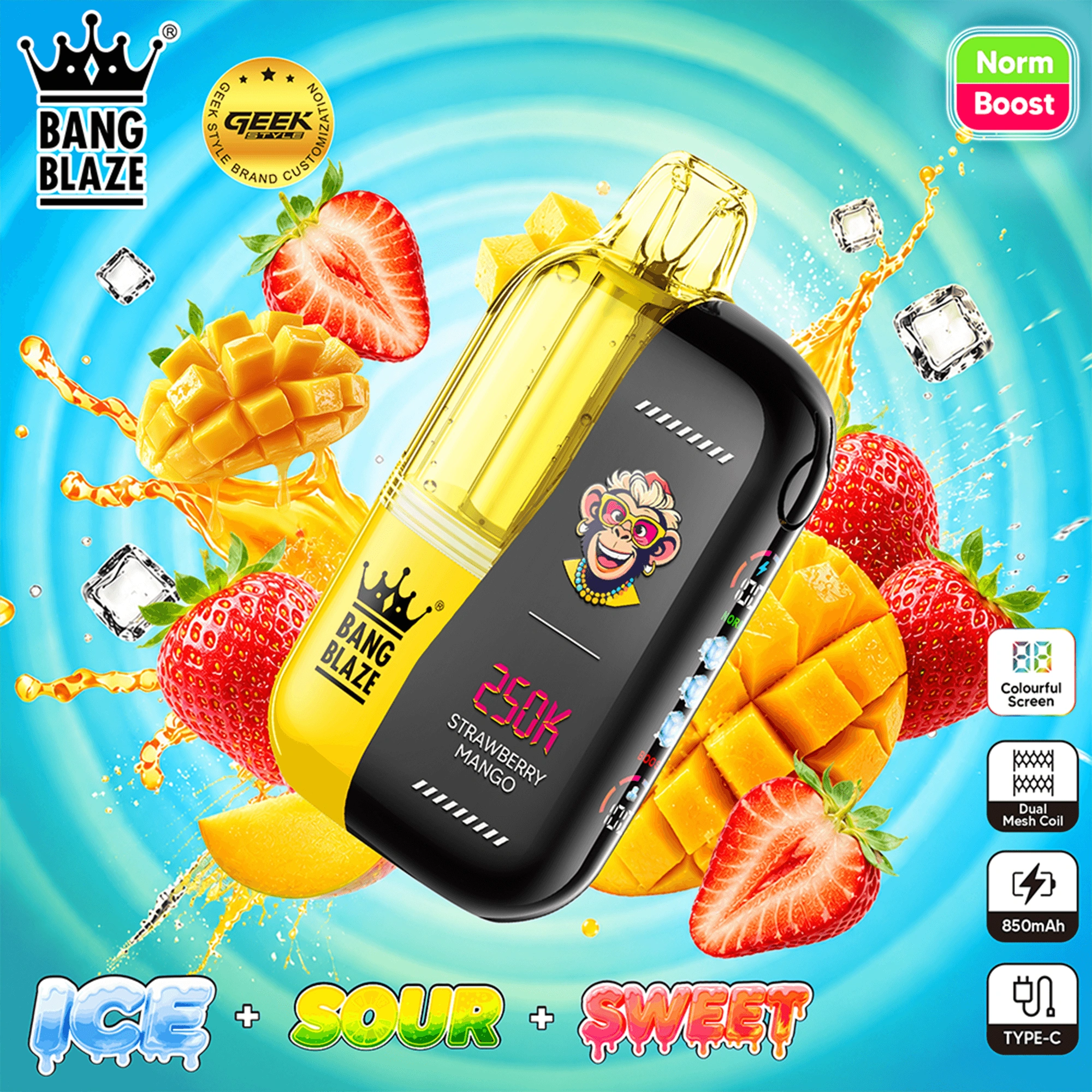 Bang Blaze 250K Puffs Strawberry Kiwi flavor disposable vape device with strawberry and kiwi graphics