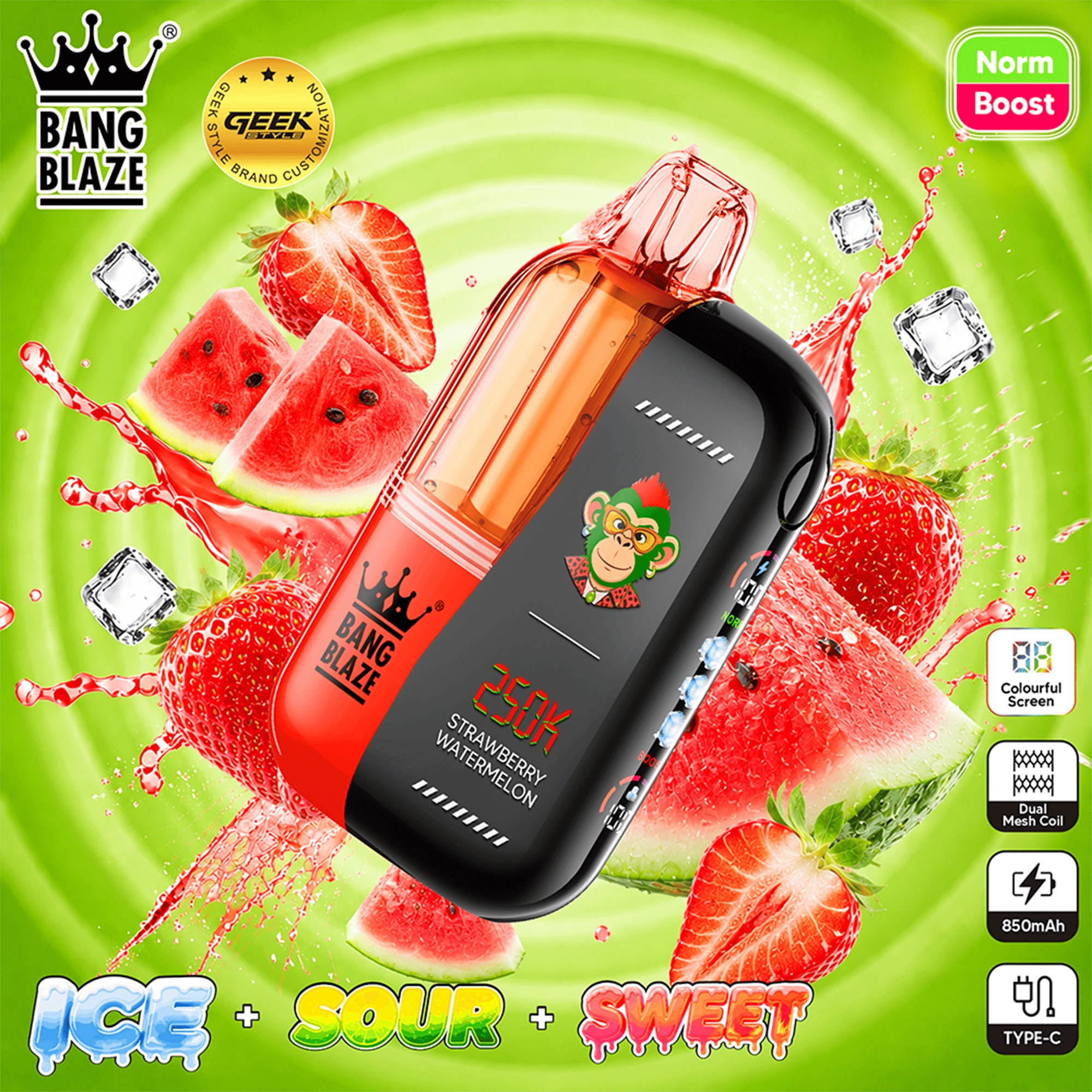 Bang Blaze 250K Puffs Strawberry Mango flavor disposable vape device with strawberry and mango graphics
