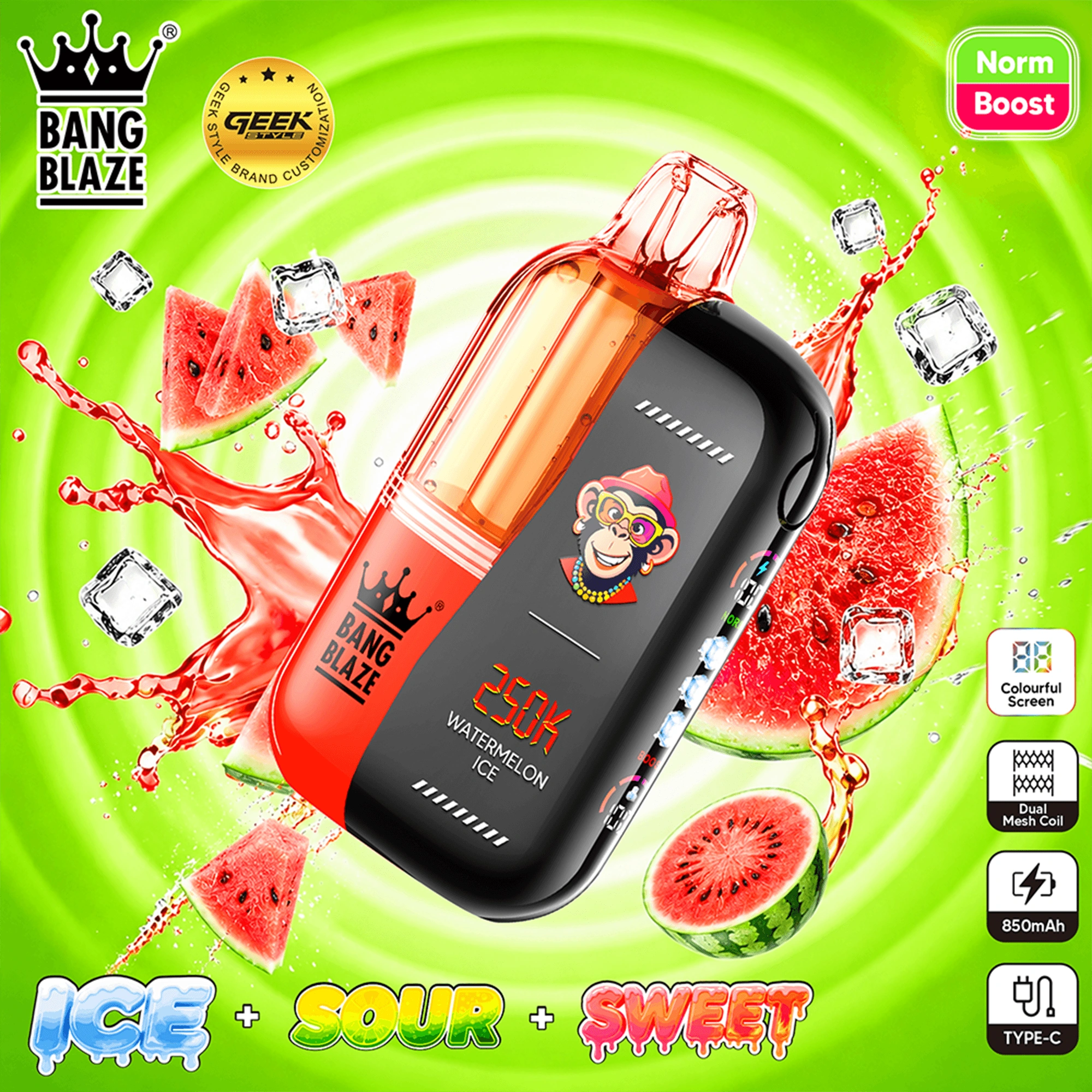 Bang Blaze 250K Puffs Strawberry Watermelon flavor disposable vape device with colorful fruit graphics