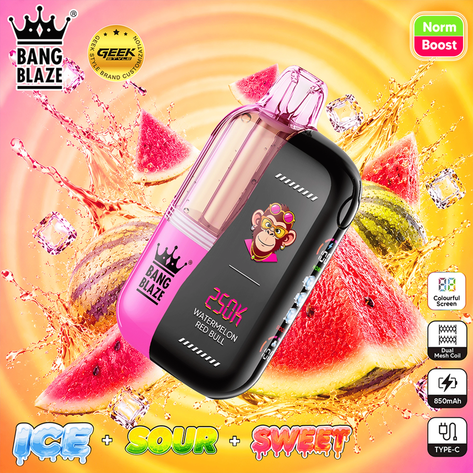 Bang Blaze 250K Puffs Watermelon Ice flavor disposable vape device with watermelon graphics and cool blue artwork