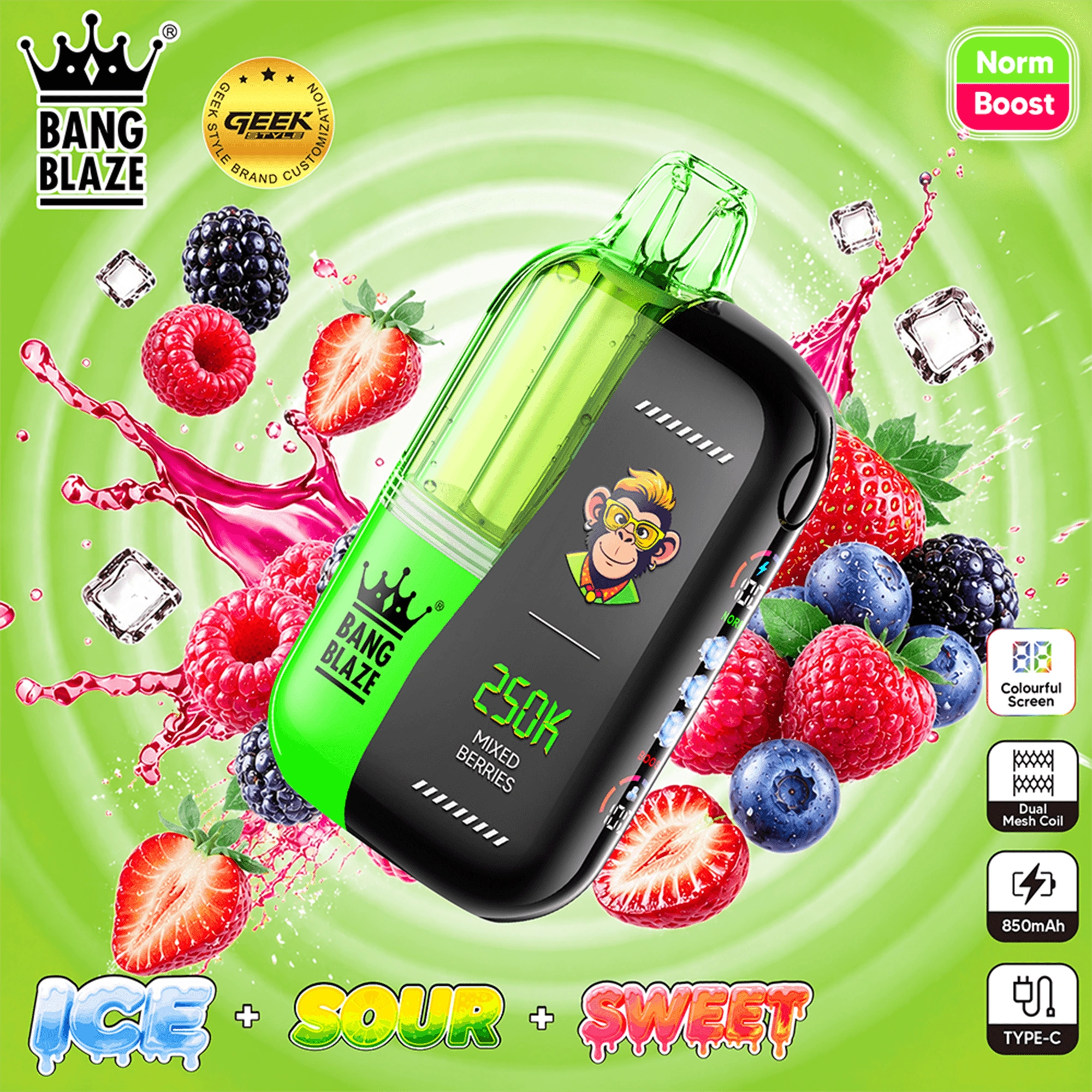 Bang Blaze 250K Puffs Watermelon Red Bull flavor disposable vape device with watermelon and beverage-inspired graphics