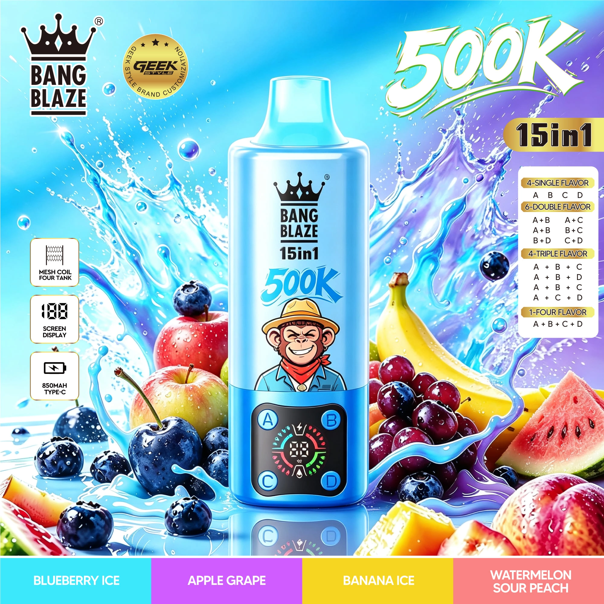 Bang Blaze 15-in-1 Flavors 500K branded packaging presented with colorful artwork in the official supplier product gallery.