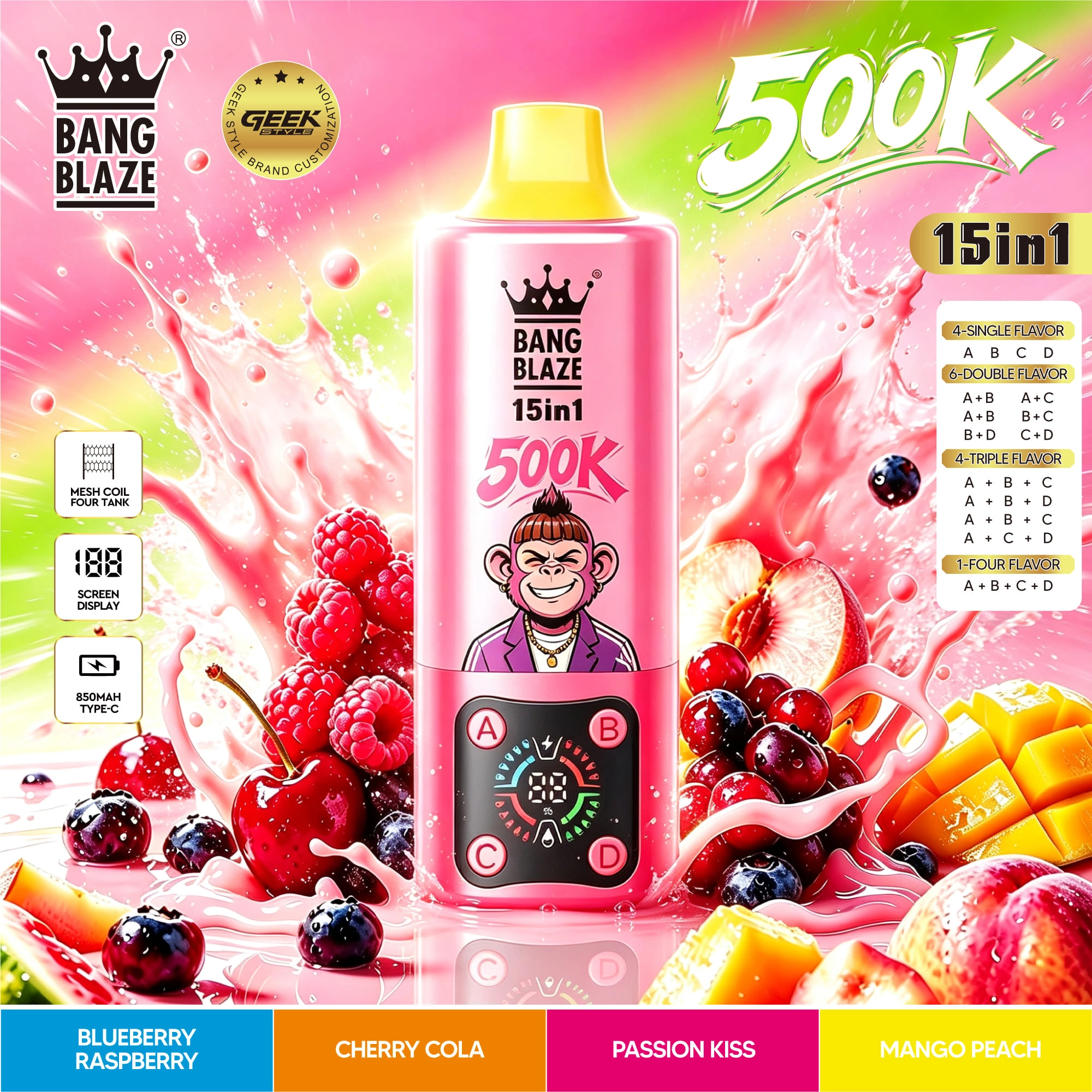 Bang Blaze 15-in-1 Flavors 500K device and package design arranged together in a detailed product presentation for online stores.