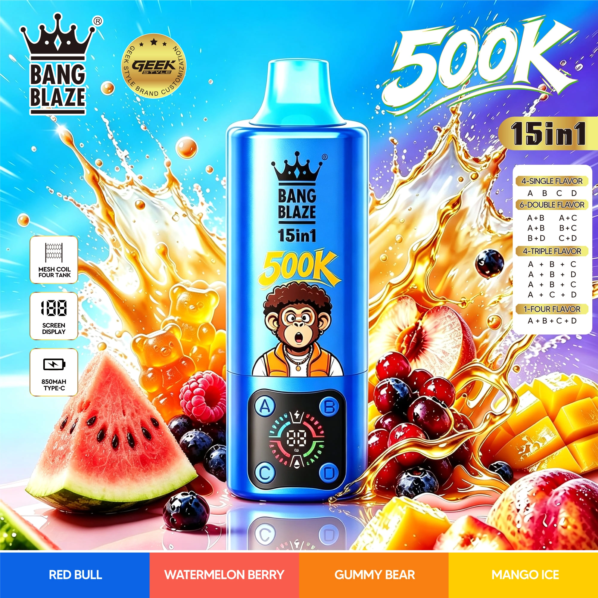 Bang Blaze 15-in-1 Flavors 500K product layout highlighting the device branding and high-puff model identity for catalog use.