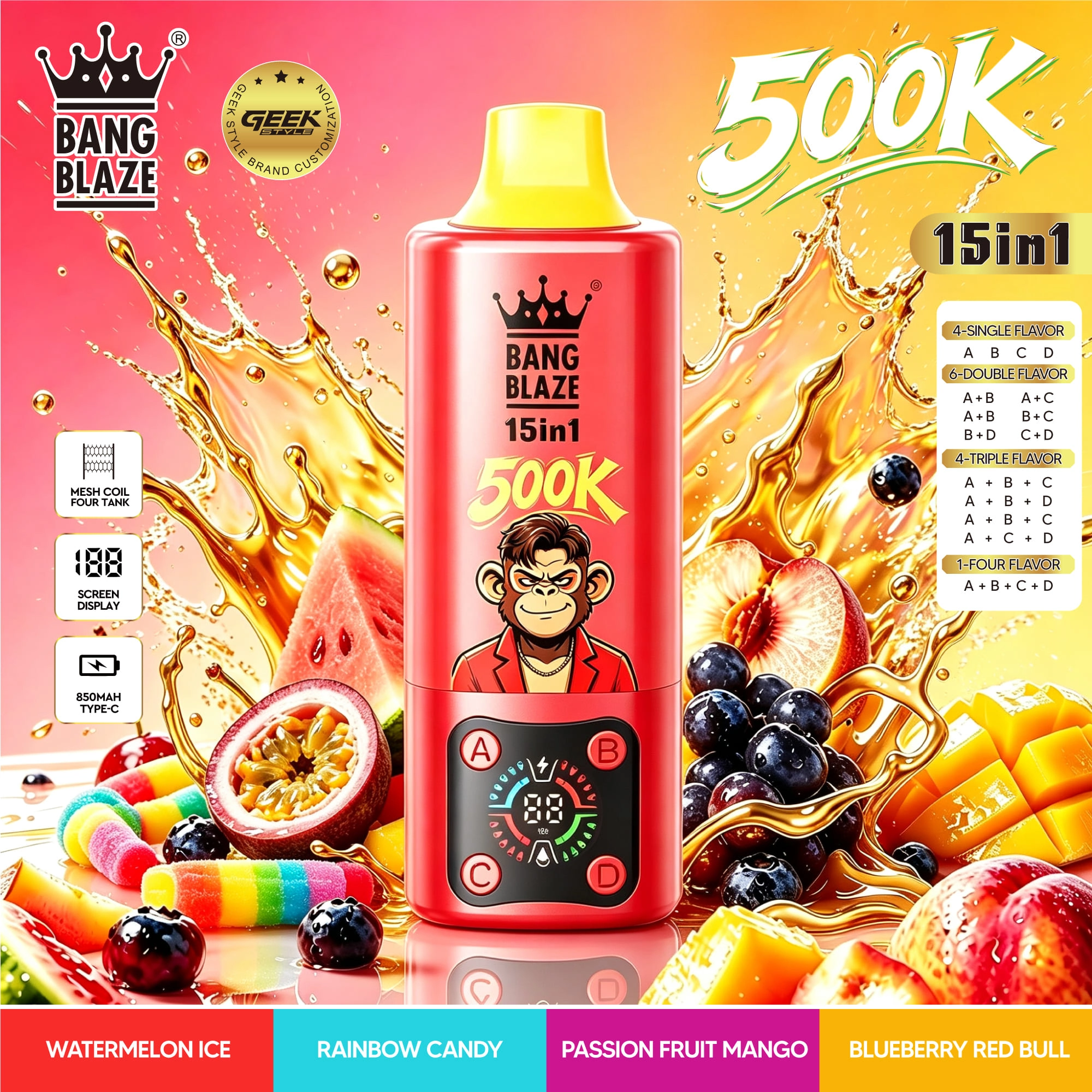 Bang Blaze 15-in-1 Flavors 500K colorful package presentation showing the branded model in a clear retail and wholesale product view.