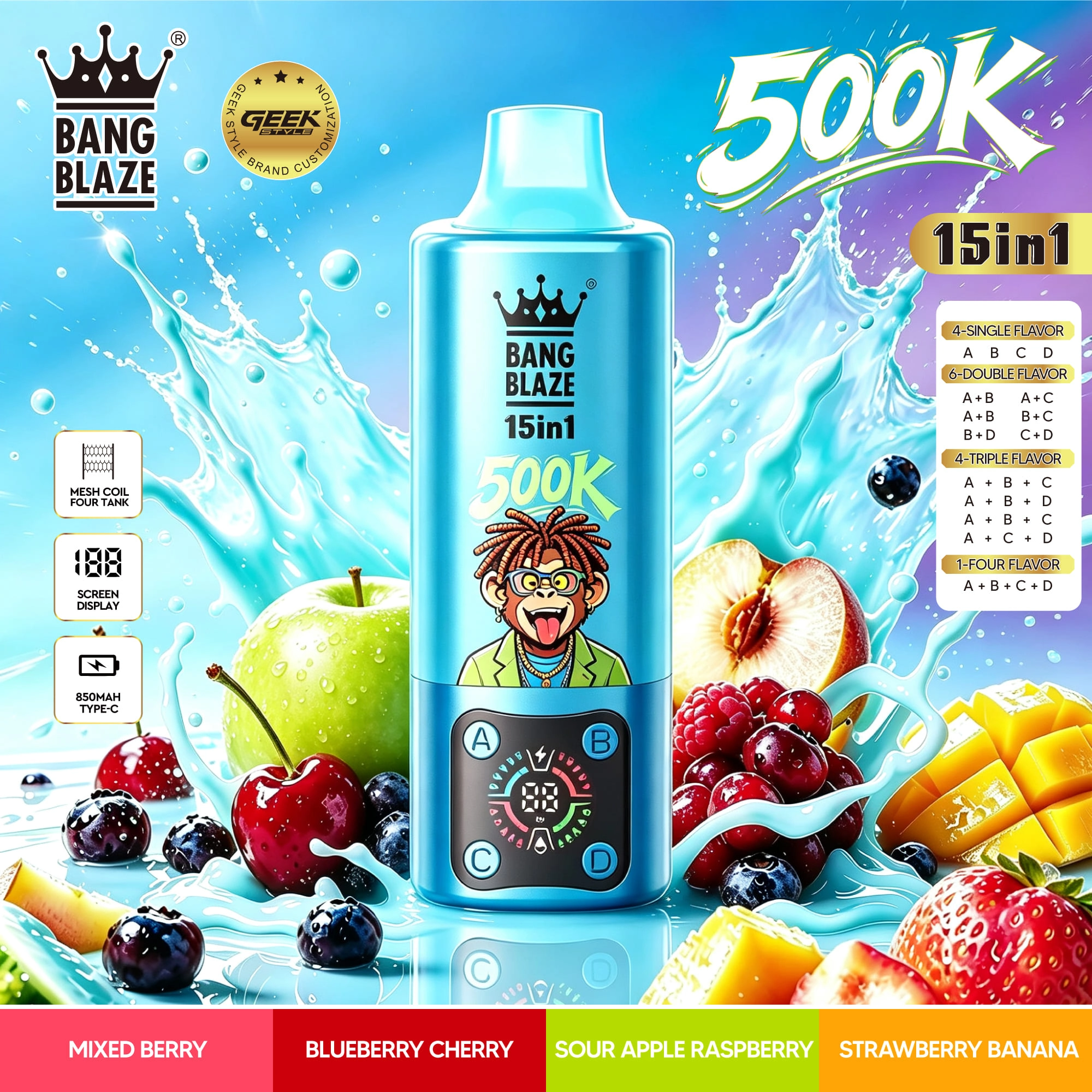 Bang Blaze 15-in-1 Flavors 500K device lineup arranged in a bright product display with several branded color presentations.
