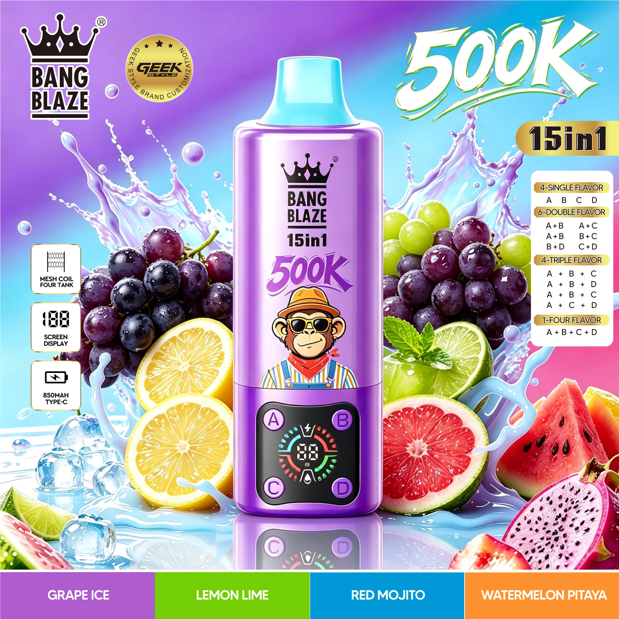 Bang Blaze 15-in-1 Flavors 500K supplier-gallery artwork presenting the device packaging and model branding in a catalog-ready layout.