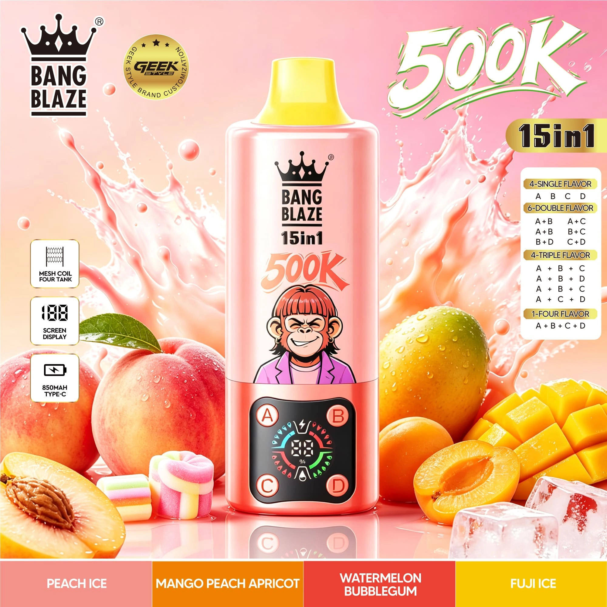 Bang Blaze 15-in-1 Flavors 500K close product view showing the branded device design and package details for online product listings.
