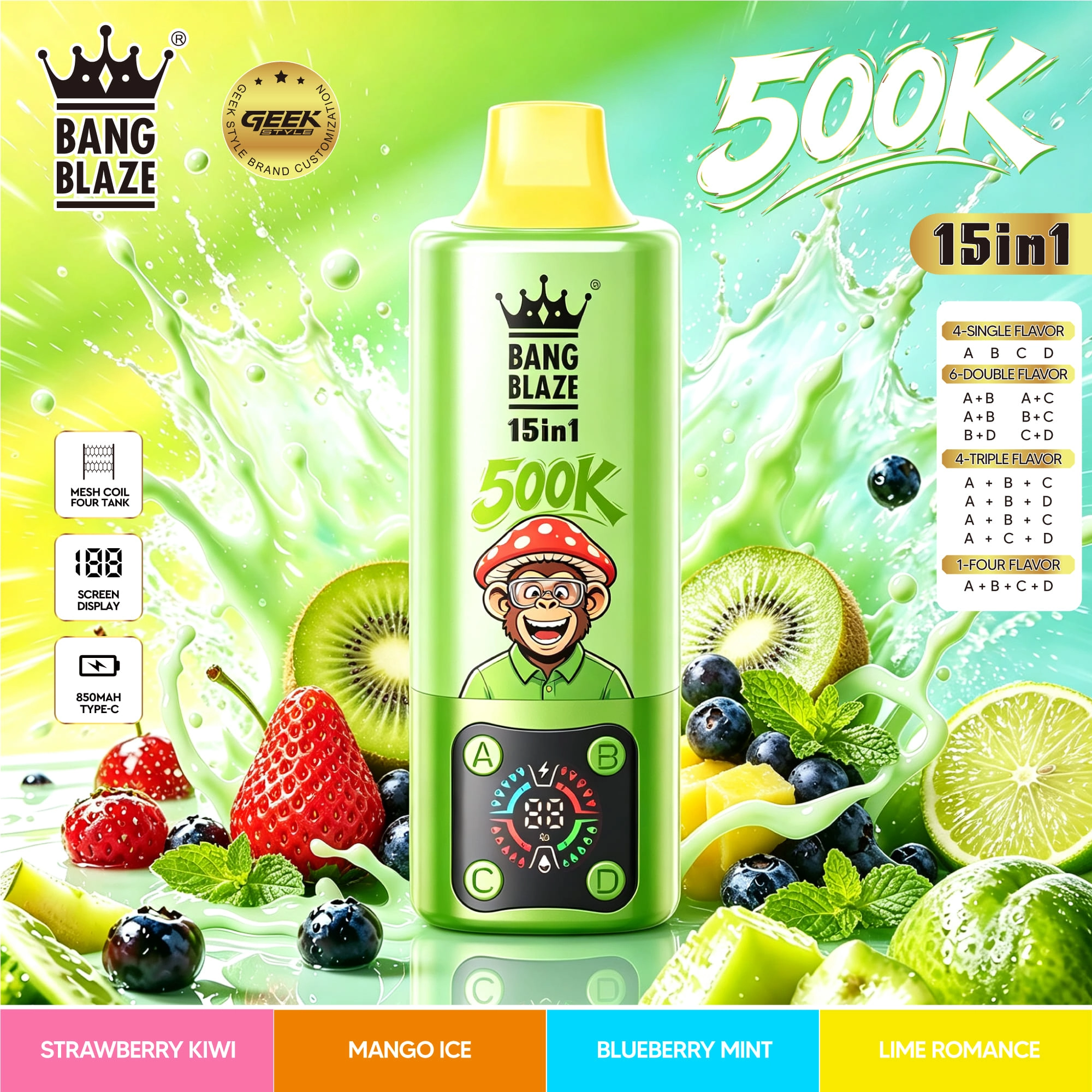 Bang Blaze 15-in-1 Flavors 500K high-puff product display showing branded packaging arranged for adult vape shop catalog browsing.