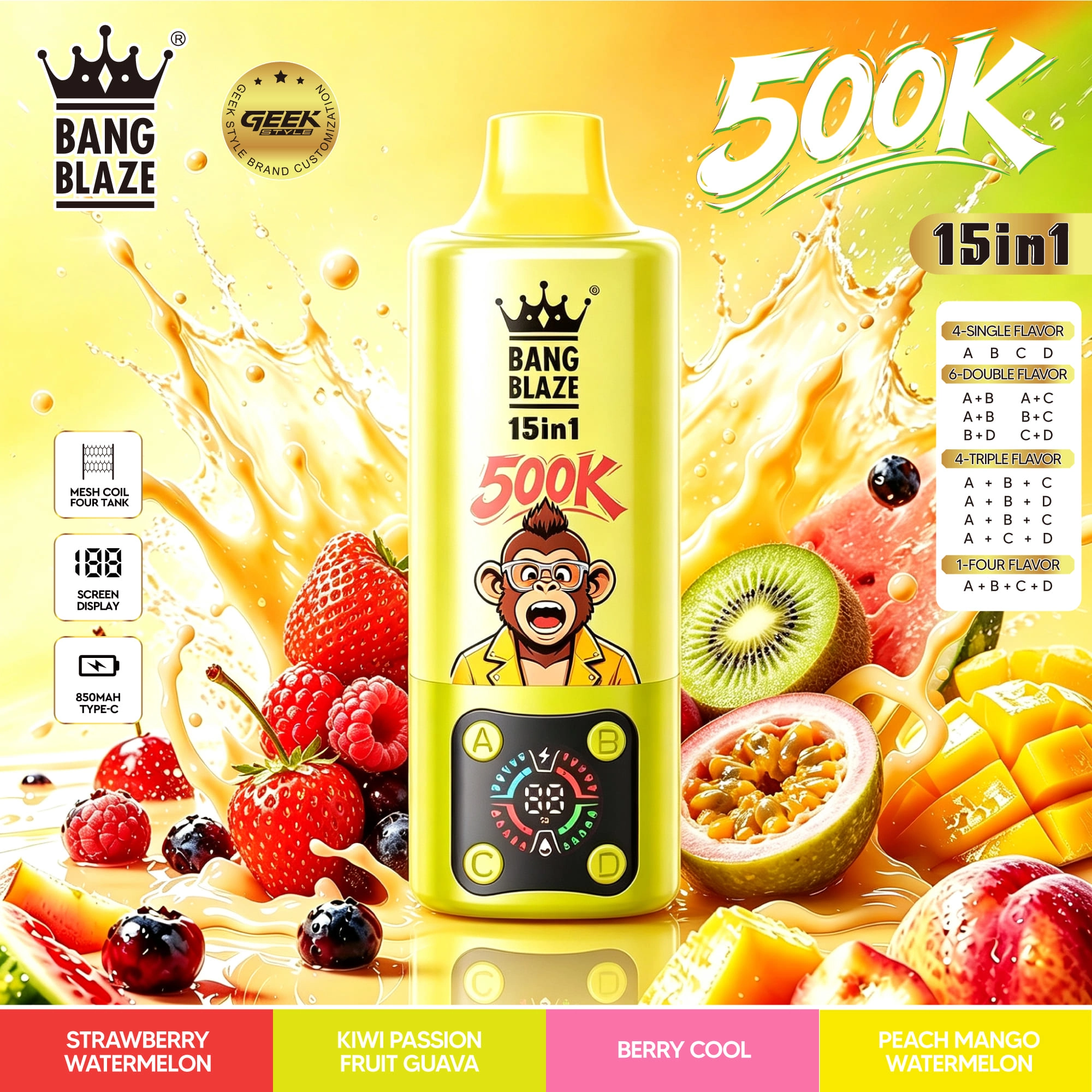 Bang Blaze 15-in-1 Flavors 500K device presentation with colorful package graphics and a clean composition for ecommerce product pages.