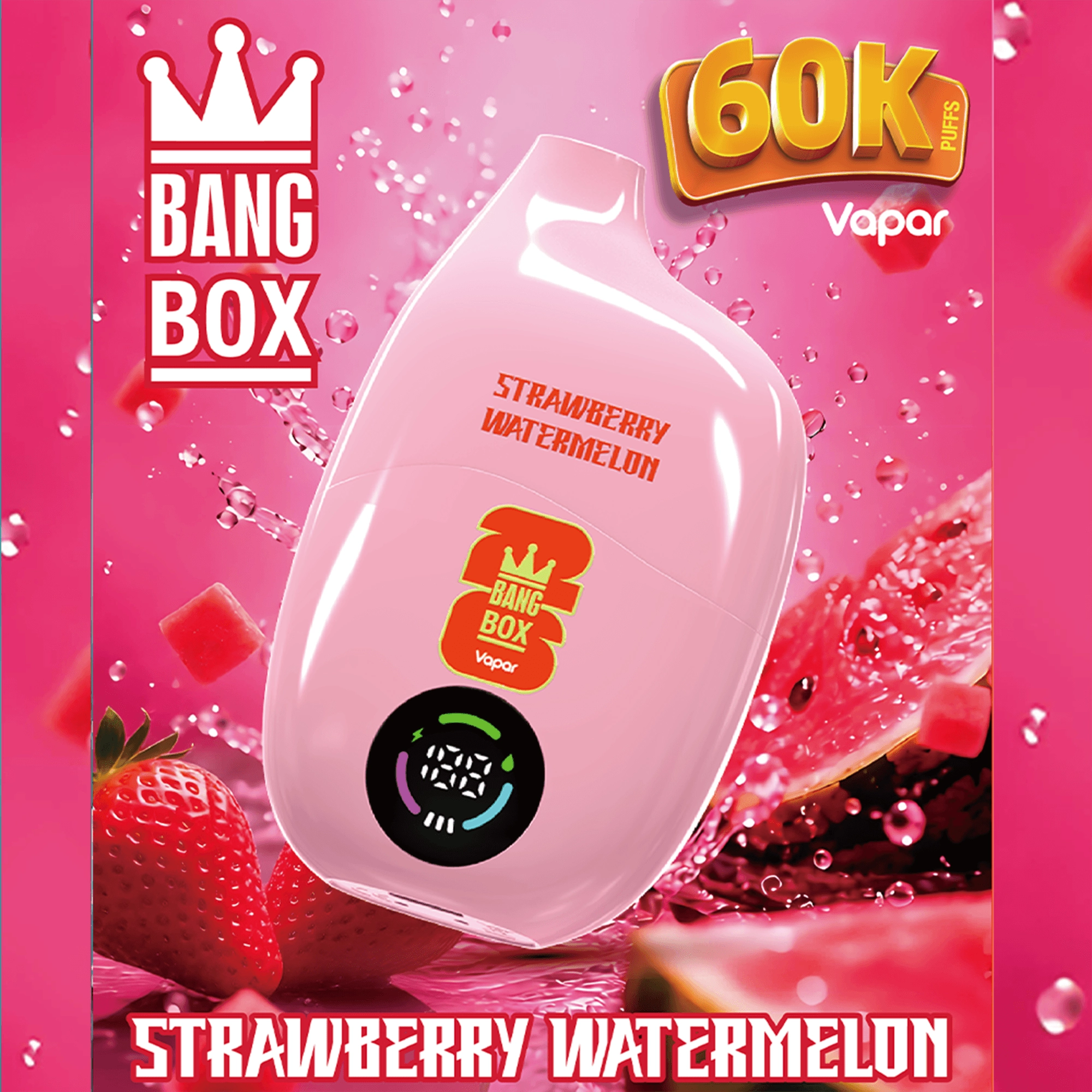 Bang Box 60K Puffs Disposable Vape high-puff product display showing branded packaging arranged for adult vape shop catalog browsing.