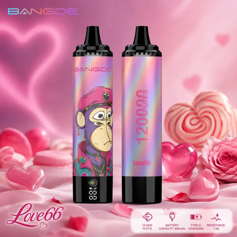 Bang DE 120K Puffs Love 66 flavor device pair with colorful pink artwork and a visible smart screen