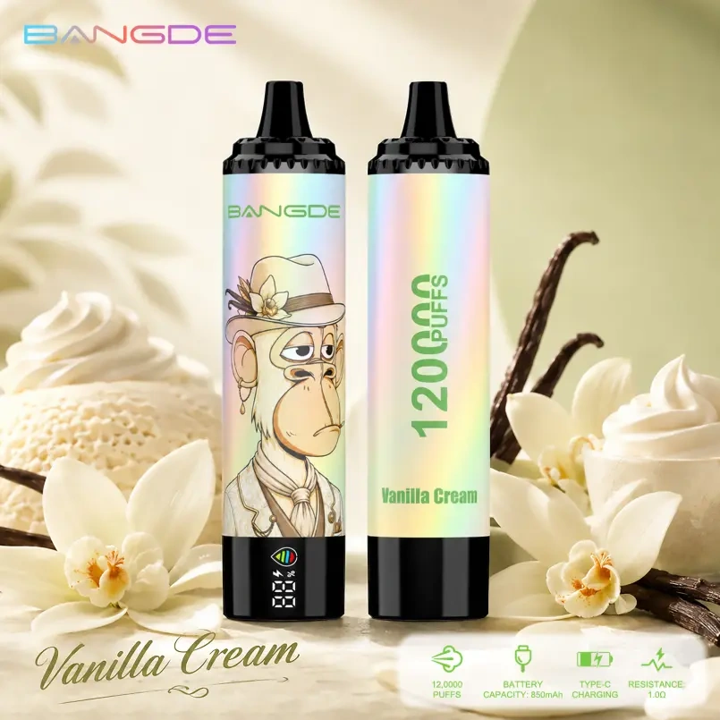 Bang DE 120K Puffs Vanilla Cream flavor device pair with vanilla flower and creamy dessert-inspired artwork