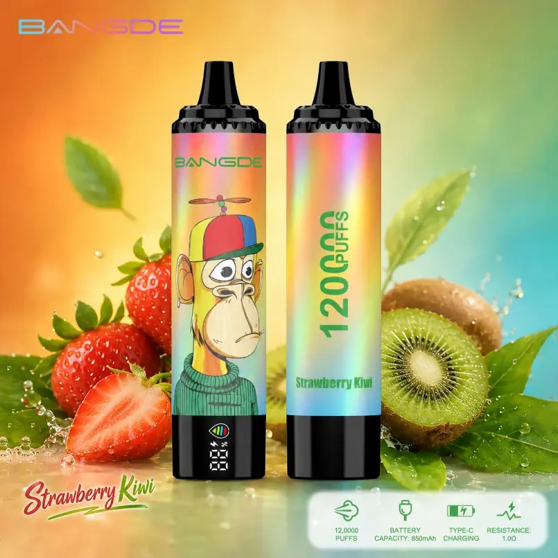 Bang DE 120K Puffs Strawberry Kiwi flavor device pair with strawberry and kiwi fruit graphics and a visible smart screen