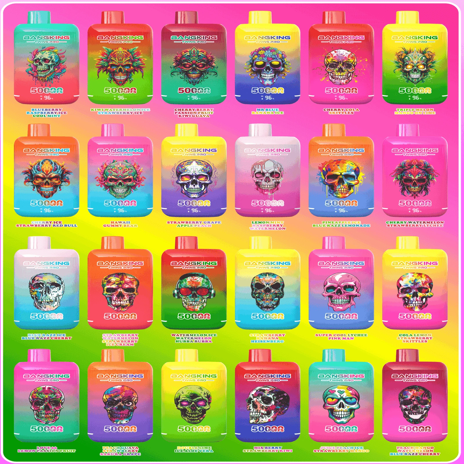 Bang King Twins Pro 50K Puffs disposable vape flavor chart showing the available dual-flavor combinations